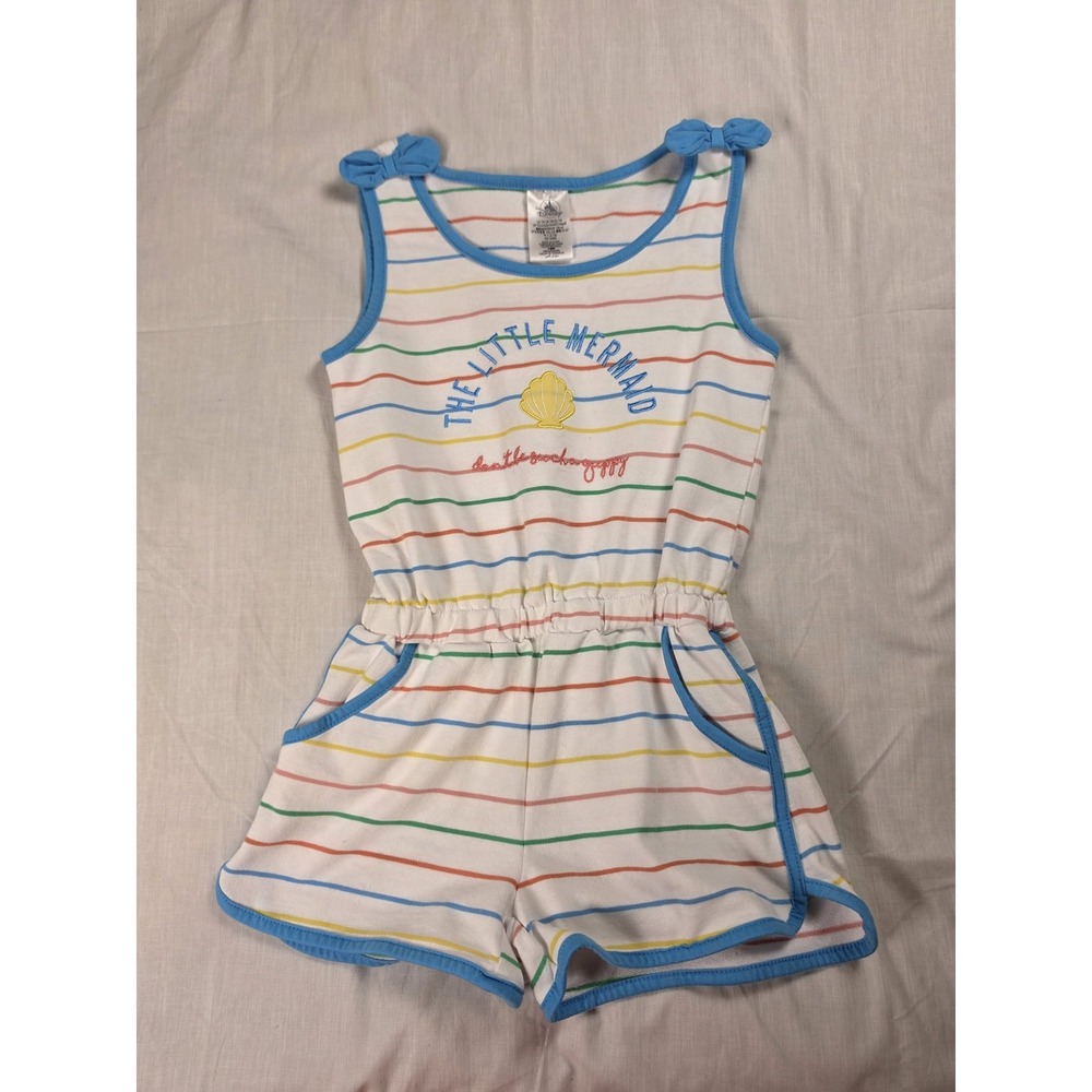 Disney Romper Girls 7/8 Multicolor Jersey Striped Little Mermaid Shell Pockets